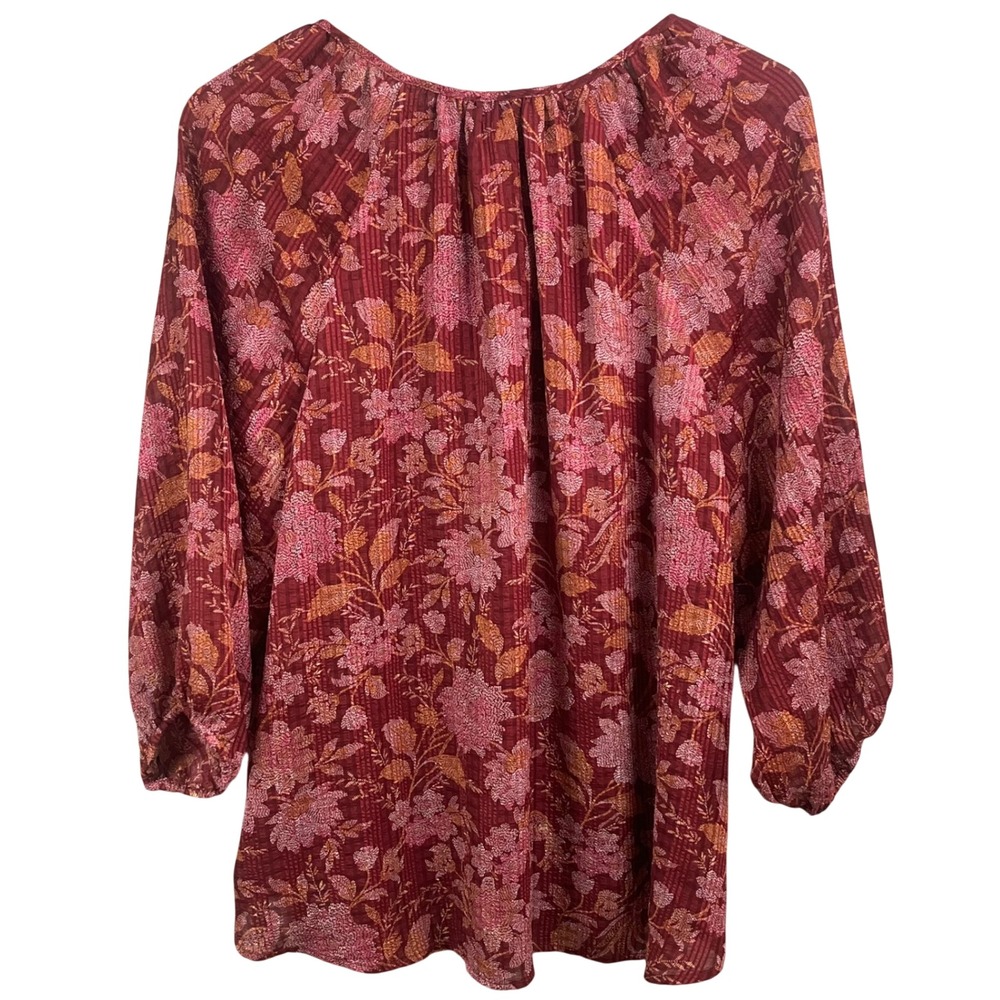 Loft Burgundy Floral 3/4 Sleeve XXL Shirt Blouse Flowy Boho Peasant Feminine - Picture 4 of 7